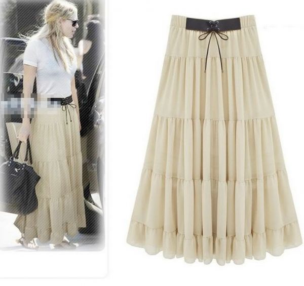 Saia de Chiffon Bege com Cinto Vintage {S01}